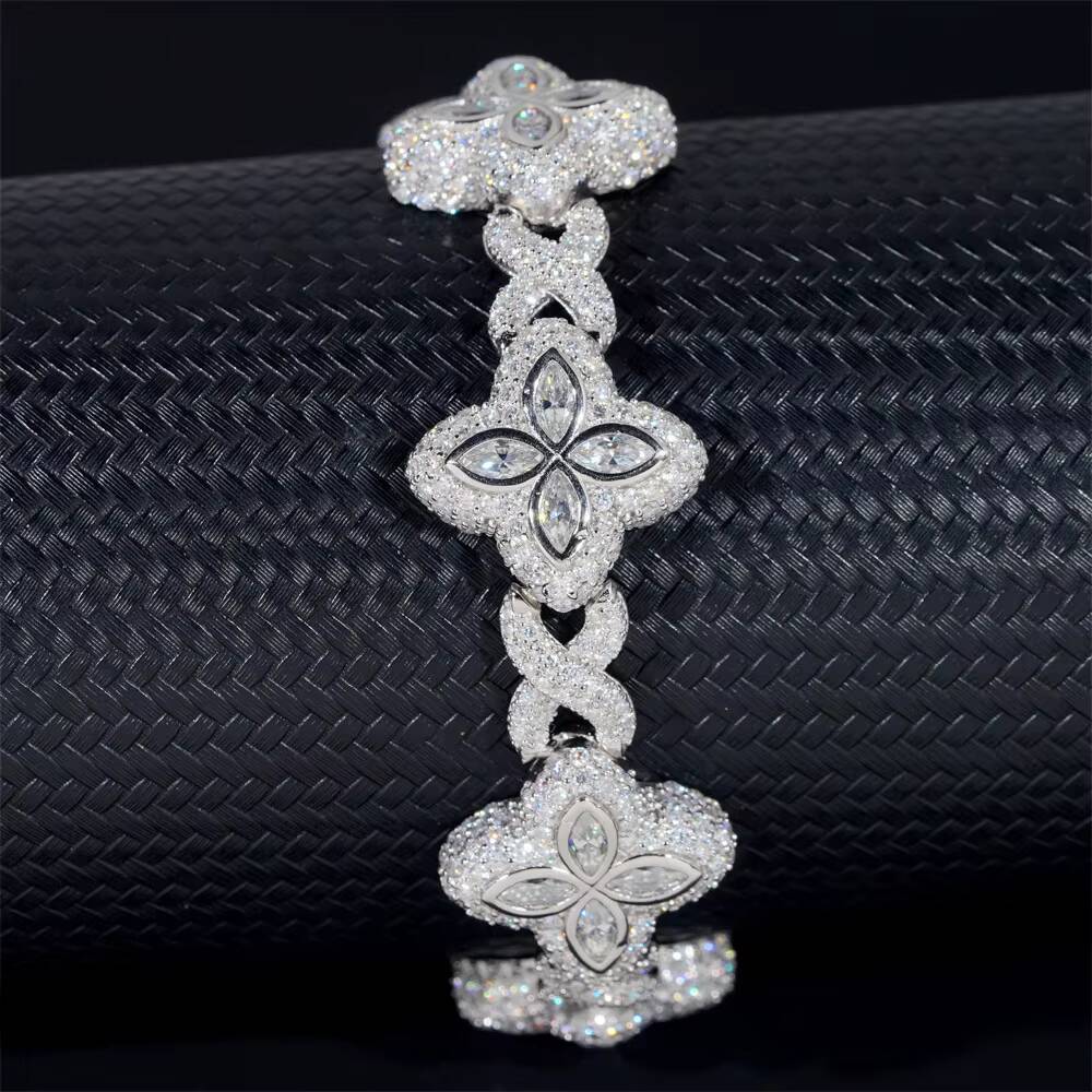 New Stocks Pass Diamond Tester Silver 925 Gold Plated Hip Hop Jewelry Custom Colored Moissanite Clover Cuban Bracelet 15mm