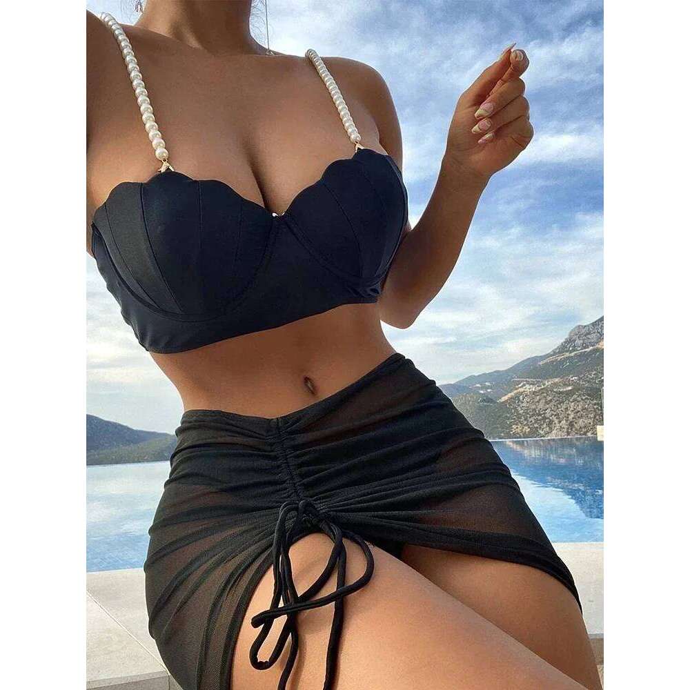 2024 New Sexy 3 Piece Bikinis Set Women Swimsuit with Skirt Swimwear Female Push Up Bikini Beachwear Faux Pearl Bathing Suit C260207