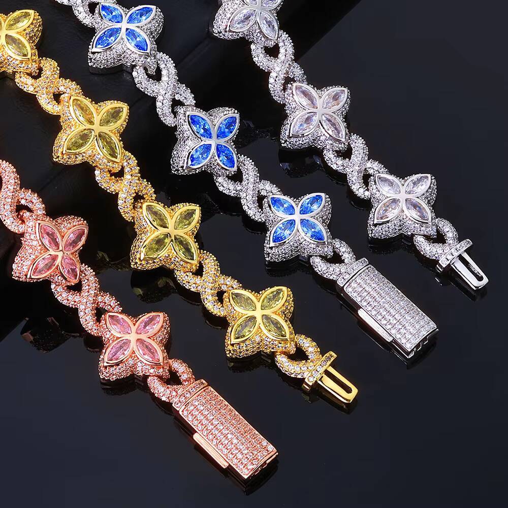 Flower Cross Four Leaf Clover Bracelet Iced Out Moissanite Chain Gold Plated Silver Miami Cuban Link Trendy Hip Hop Jewelry