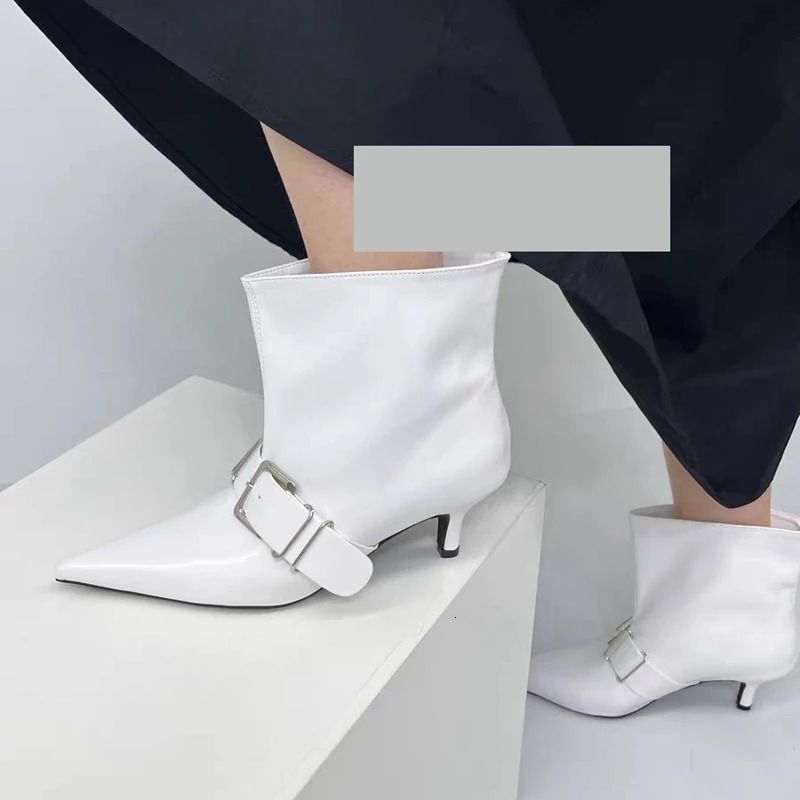 Chinese Style 2025 Belt Buckle Fashion Boots High Heel Pointed Toe Booties MidLeg 260208
