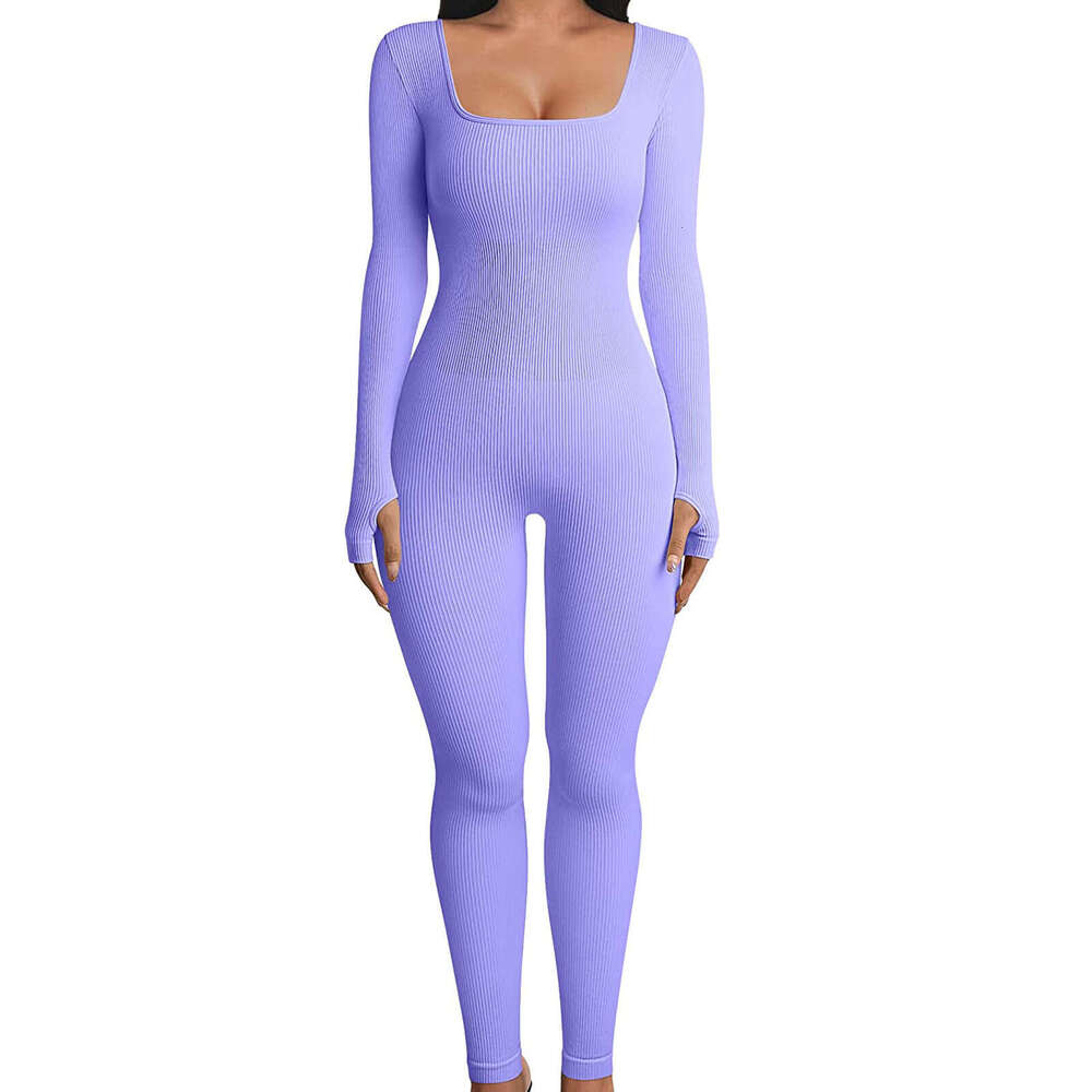European American foreign trade women s jumpsuit spring and autumn ribbed square neck hip lifting slim fit sexy luanyun