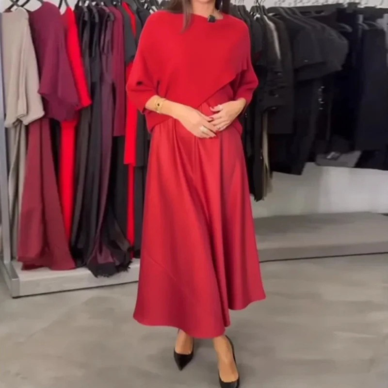 Fashionable Cross Tops Patchwork Satin Dress Two Piece Dresses Women Elegant O Neck Half Sleeve Loose Boho Long Mujer 260127