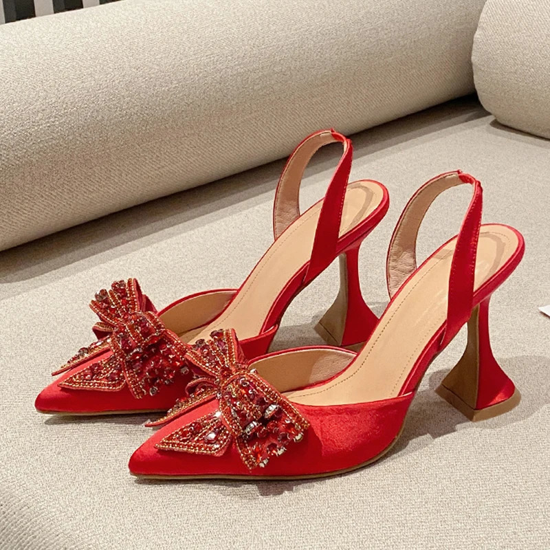 Liyke Fashion Sequined Crystal Bowknot Women Pumps Sexy Pointed Toe Red High Heels Wedding Banquet Shoes Ladies Slingback Sandal 260202