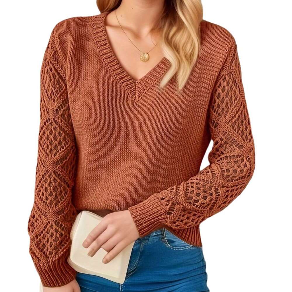 Spring and Autumn Hollow Knitted Sweater Women's Pullover Long Sleeve Crochet Jacquard Loose V-neck Base Shirt