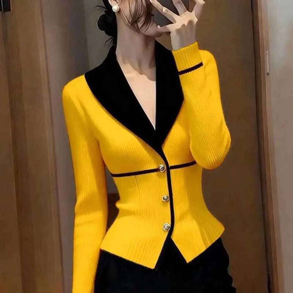 ZHE HAN V-Neck Knitted Suit Jacket Women's New Spring Autumn Fashion Color Matching Slim Cardigan Sweater