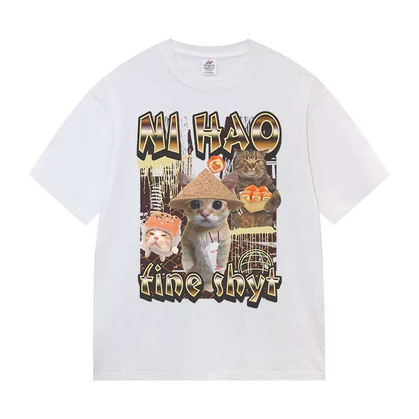 Ni Hao Fine Shyt Funny Cat Graphic T Shirt Men Women Vintage Harajuku Fashion T-shirt Summer 100% Cotton Oversized Tshirts Tops C260207