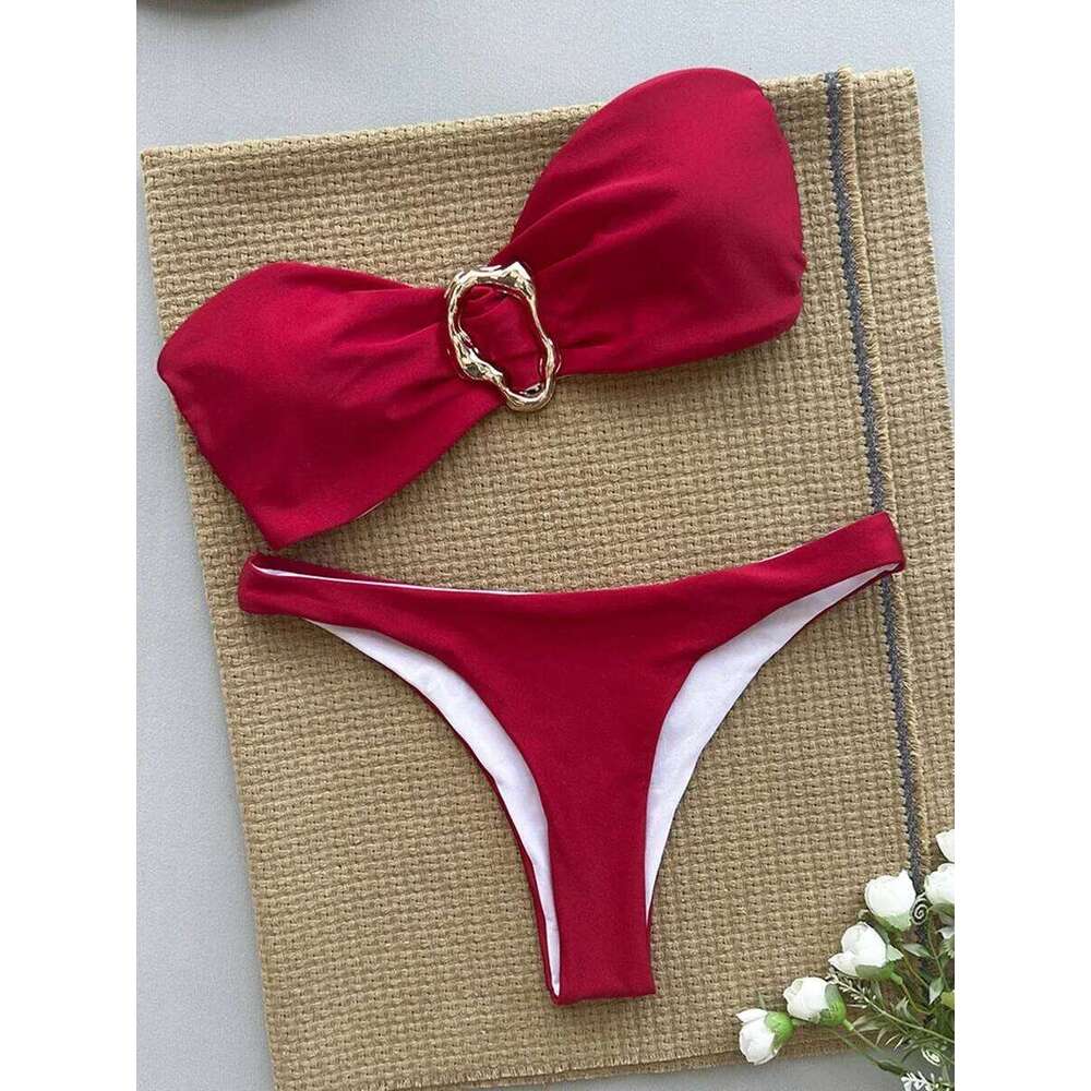 XS - L Metal Ring Bandeau Women Swimwear Female Swimsuit Two-pieces Bikini set Brazilian High Cut Bathing Suit Swim Lady C260207