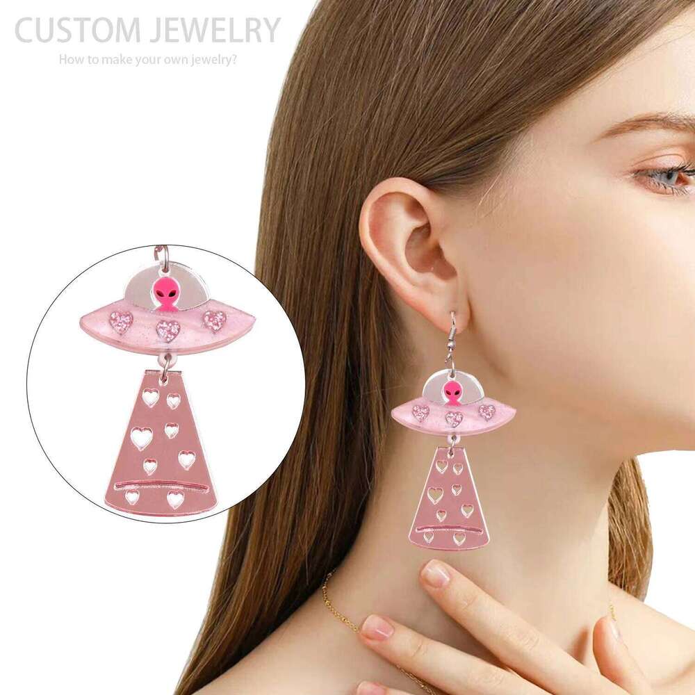 Hyler2609 Valentine's Day Heart Flying Saucer Laser Cut Diamond Drop Earrings