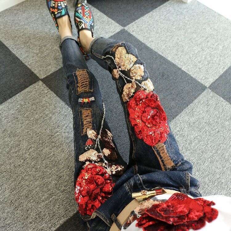 European Collection 2023 Autumn Rose Denim Jeans For Women, High Waist, Slim Fit, Fashionable, Stylish, Slimming, Skinny Pants, Trendy