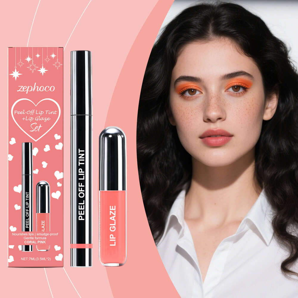 zephoco Coral Pink Peel-Off Liner and Glaze Set Daily Application Natural Color Convenient Lip Makeup