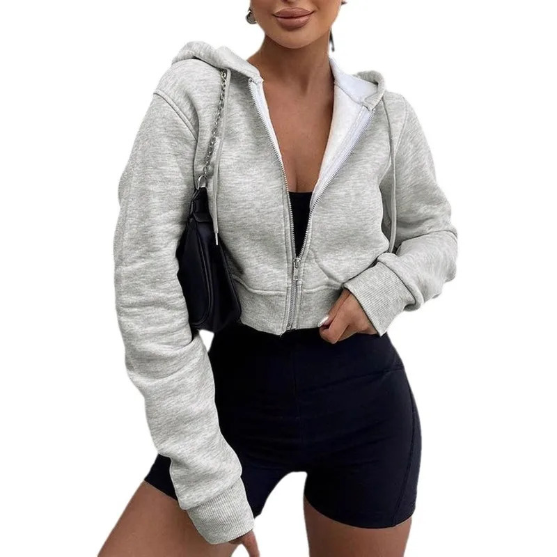 Womens Long Sleeve Hooded Zipper Cardigan Cropped Sweatshirt Casual Versatile Apparel European and American Hoodies Women 260126