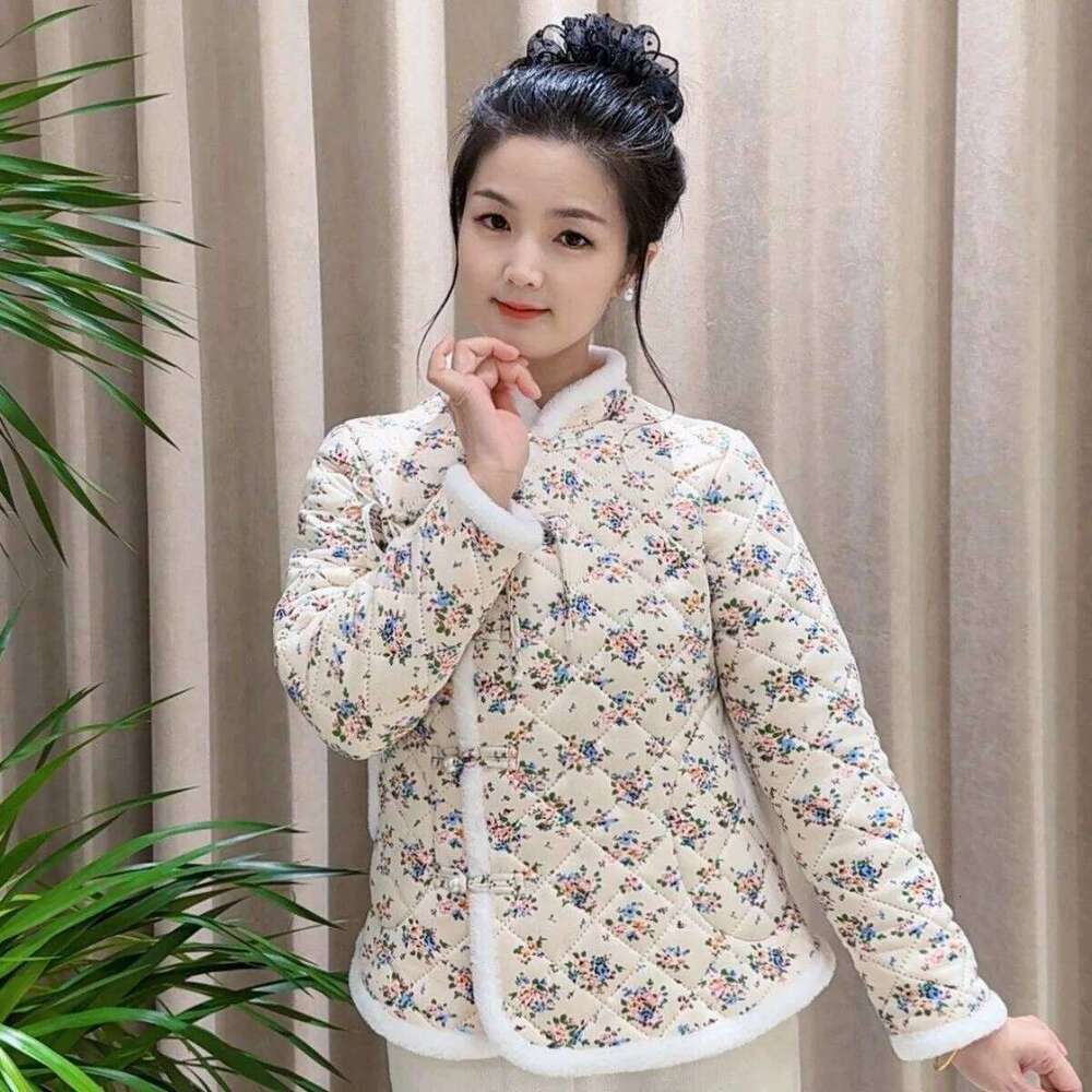 Mardi Hefxessdr Chinese New Year Cotton for College Girls National Style Floral Padded Jacket Plush Lined Thickened Winter Coat