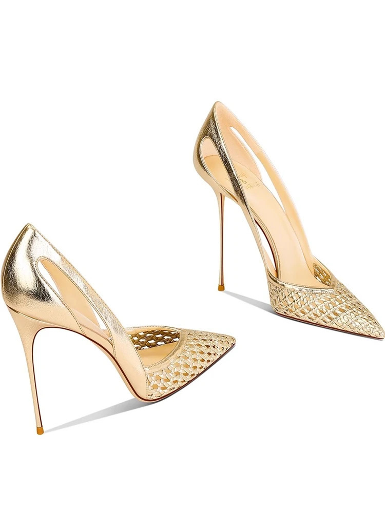 Thin highheeled sandals spring and summer pointed shallow knitted stitching shoes banquet large size small women 260208