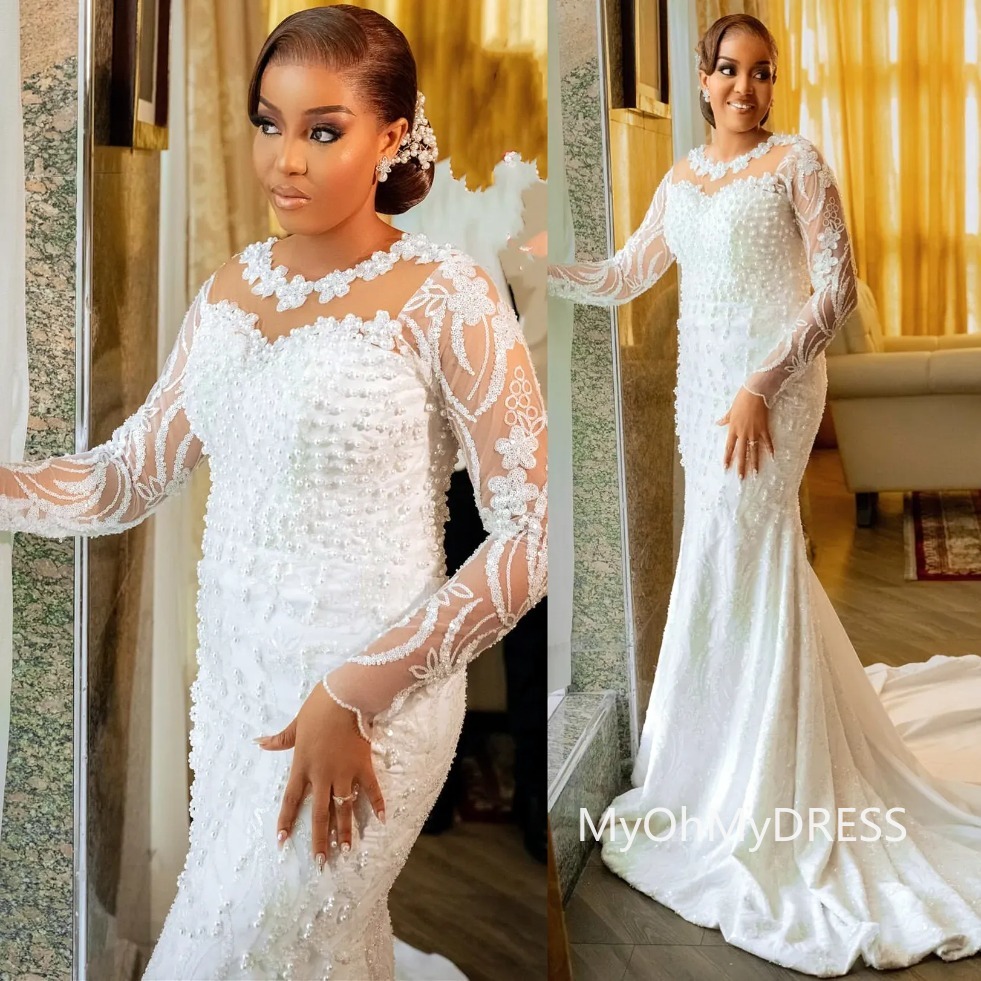White Mermaid Wedding Dresses Lacefull Pearls Full Sleeves Vintage Bridal Gowns Dress Vestidos De Novia 0209