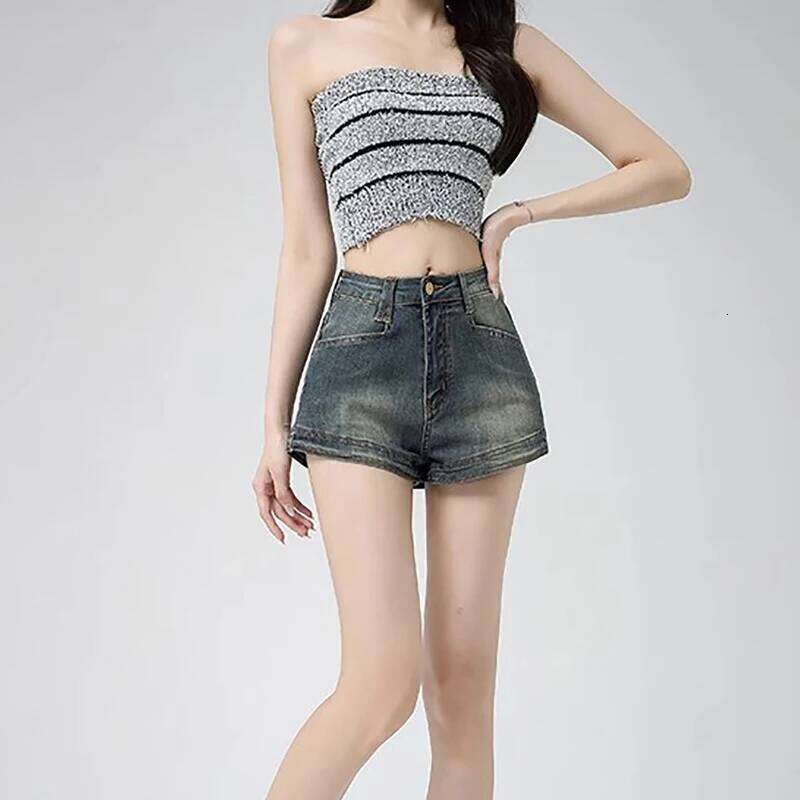 Korean Retro Denim Summer New Style Women'S High Waist Tight Elastic A-Line Super Shorts Spicy Hot Pants H260209