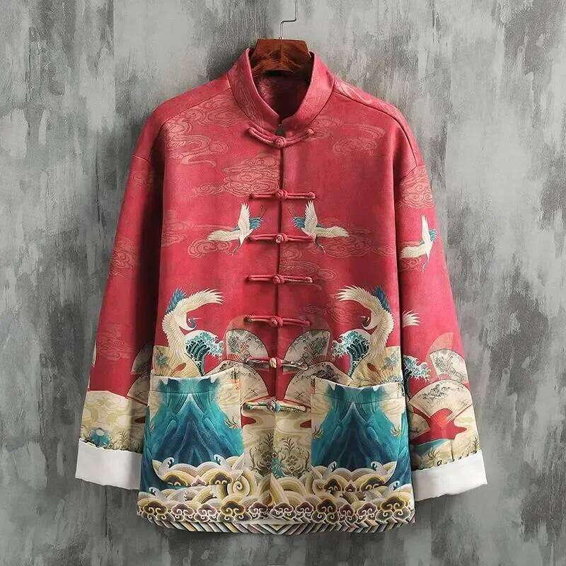 Mardi Hefxessdr Tang Men s Outerwear Jacket New Chinese Style Trendy Casual Printed Spring and Autumn Buttoned Crane Handsome