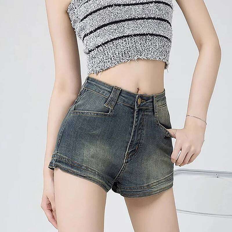 Korean Retro Denim Summer New Style Women'S High Waist Tight Elastic A-Line Super Shorts Spicy Hot Pants H260209