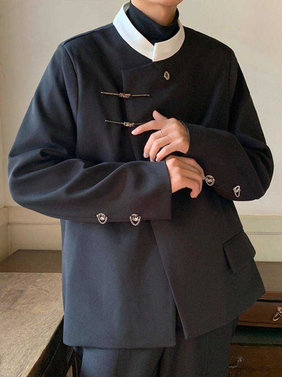 Autumn New Chinese Style Stand Up Collar Small Suit For Men With A Niche Contrasting Color Design And A Retro And Stylish Shoulder Padded Suit Jacket 