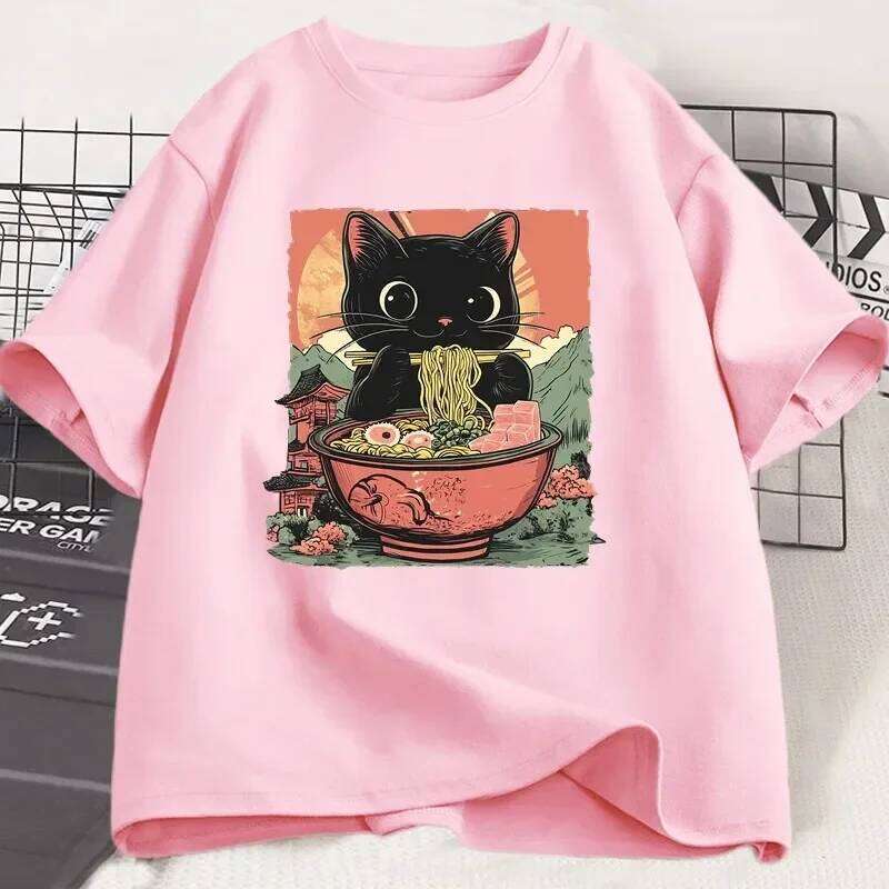 Cute Black Cat Eating Ramen Print Harajuku Short Sleeve Casual Women's T-shirt Clothing Tops Aesthetic Clothes X260209