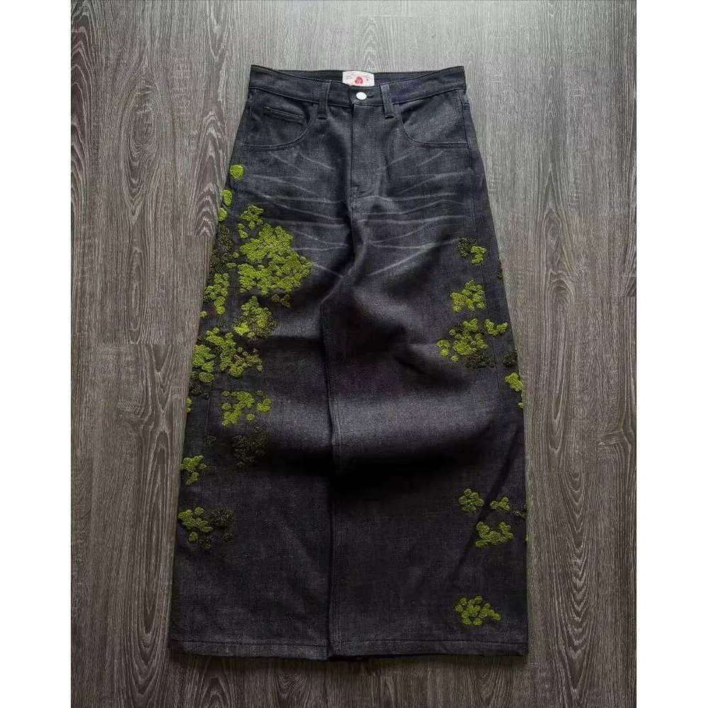 Y2K baggy Jeans Harajuku Fallen Moss Premium towel embroidery Vintage American fabric jeans Hip Hop wide leg pants streetwear