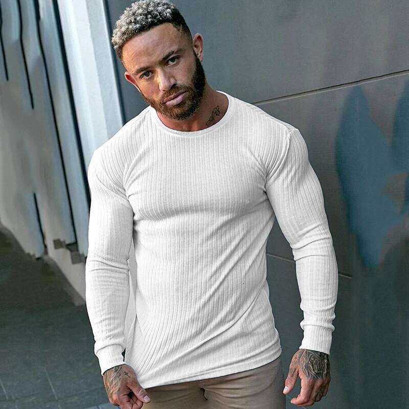Autumn Breathable Knitted Long Sleeve Shirt Men Fitness Sport Stripe Slim Fit Clothing Gym Bodybuilding O-neck Quick Dry T-Shirt 26Y0209