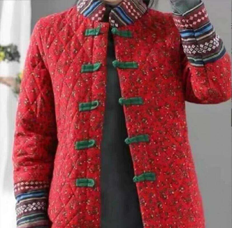 Mardi Hefxessdr Chinese Style Fashion Printing Women Cotton Jacket Winter Keep Warm Coat Ladies Casual Stand up Collar Jackets Size XL