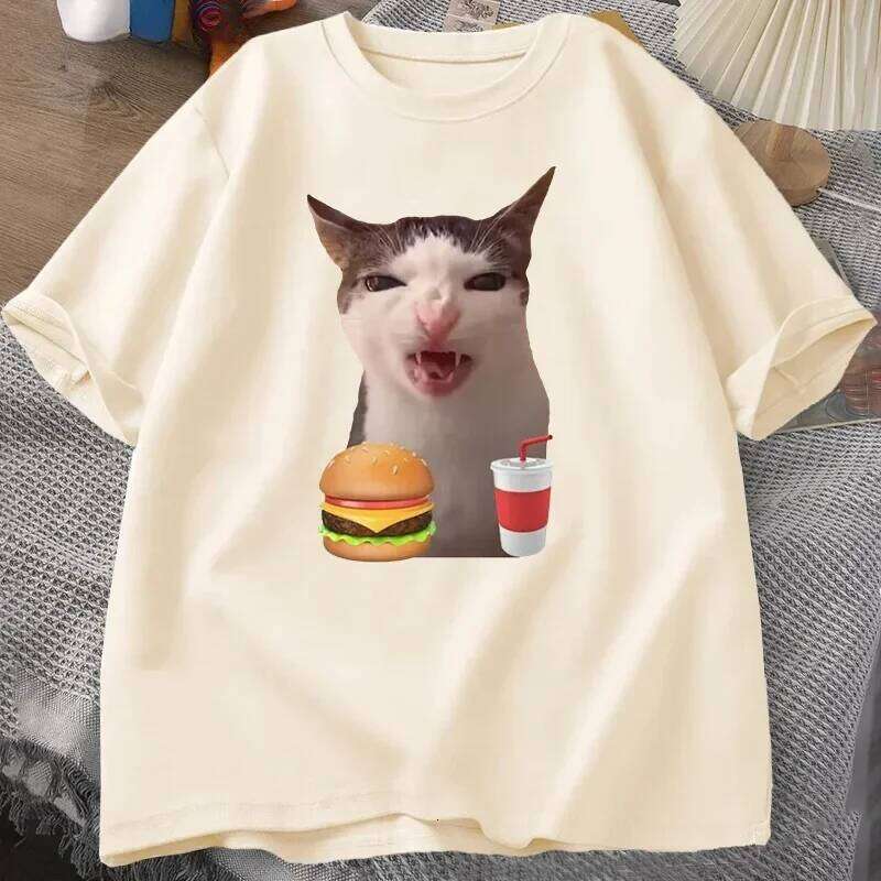Crunching Food Meme T-shirt Women Silly T Shirts Funny Cat Eating T-Shirt Short Sleeve Graphic Tees Streetwear Fashion Y2K X260209