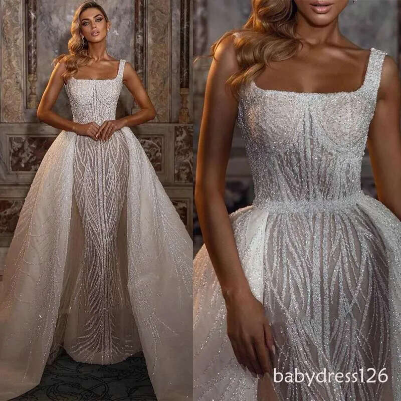 Bright Mermaid with Detachable Train, Square Necklace, Backless, Saudi Arabia, Crystal Beading, Bridal Dress