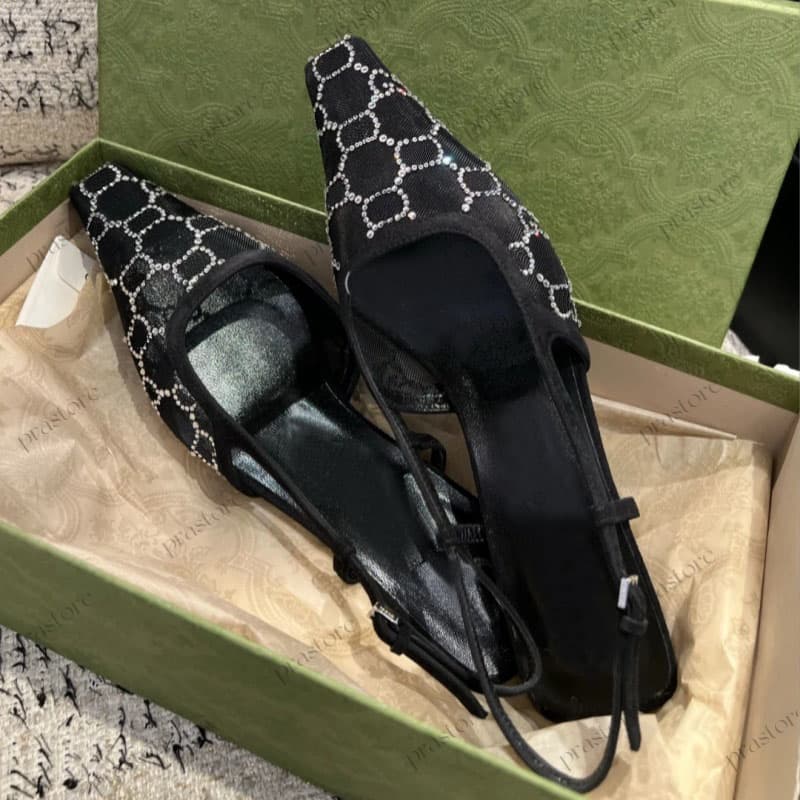 Slingback Designer Sandals Lace up shallow cut shoes Mid Heel Black mesh with crystals sparkling Print shoes Rubber Leather summer Ankle Strap Slippers slides 35-41