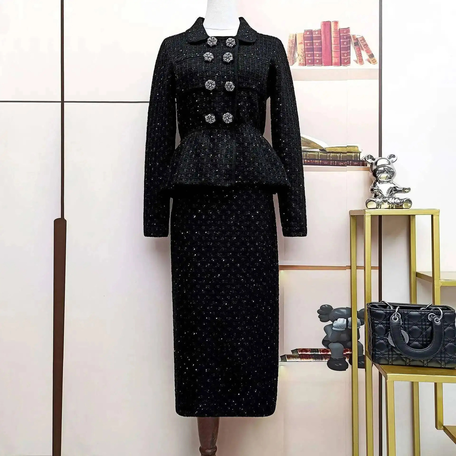 Autumn Double Breasted Diamonds Crystal Beading Knitted Cardigans Jackets Midi Long Pencil Skirts Women Two Piece Sets 260122