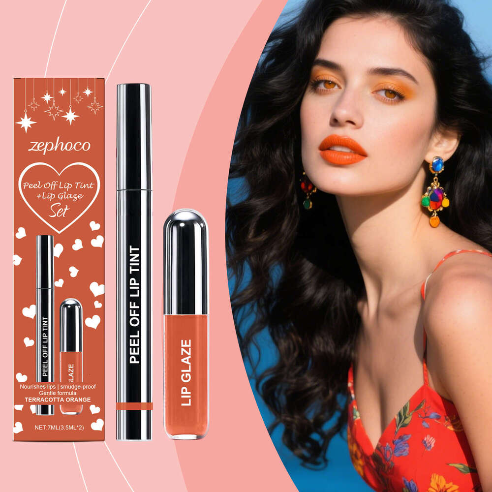 Zephoco Clay Orange Peel-off Liner and Gloss Set Daily Lip Makeup Natural Easy to Apply Brightening