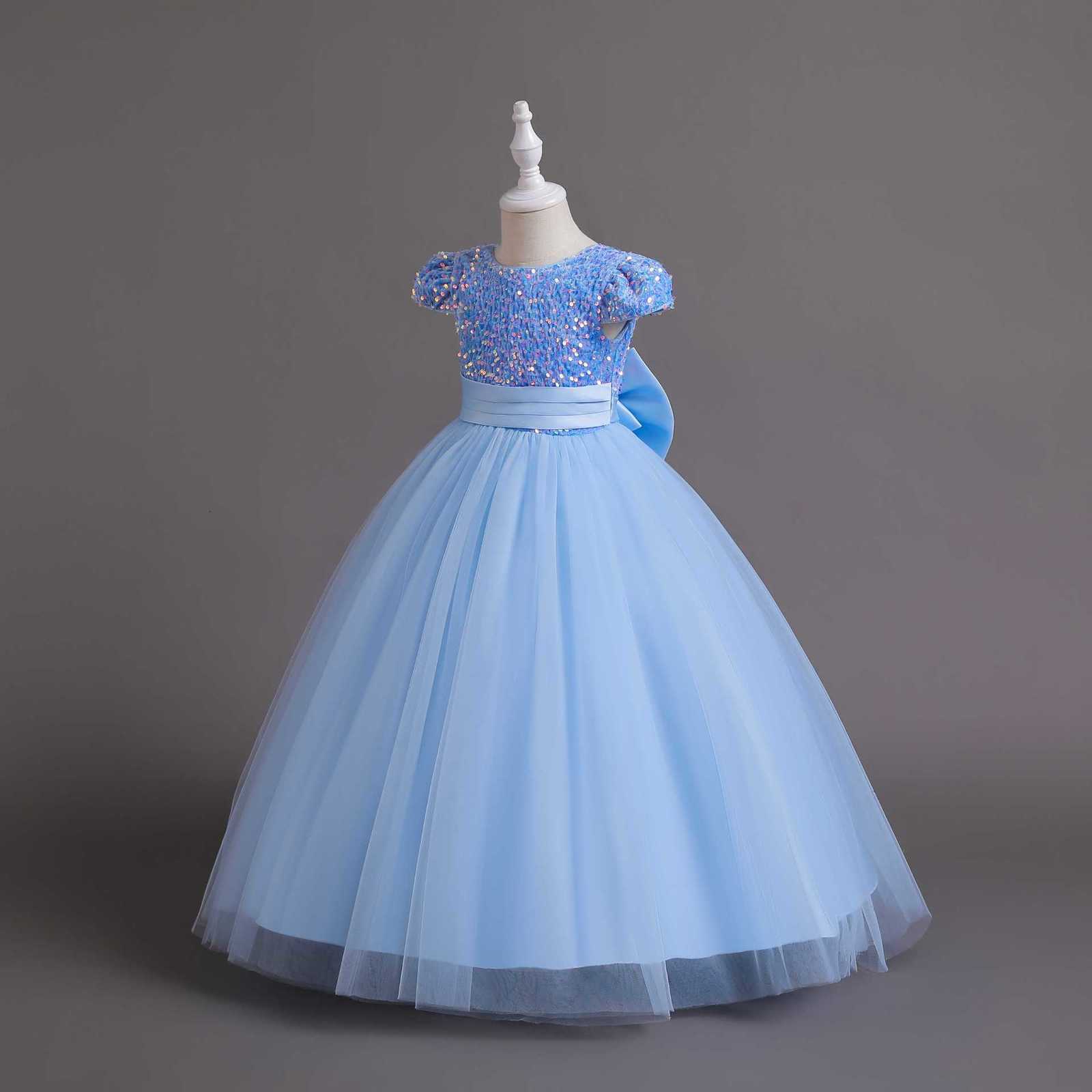 12 14 Yrs Girls Party Dresses Blue Sequined Bow Gala Prom Gown for Children Kids Formal Events Costume Birthday Princess Clothes 240704