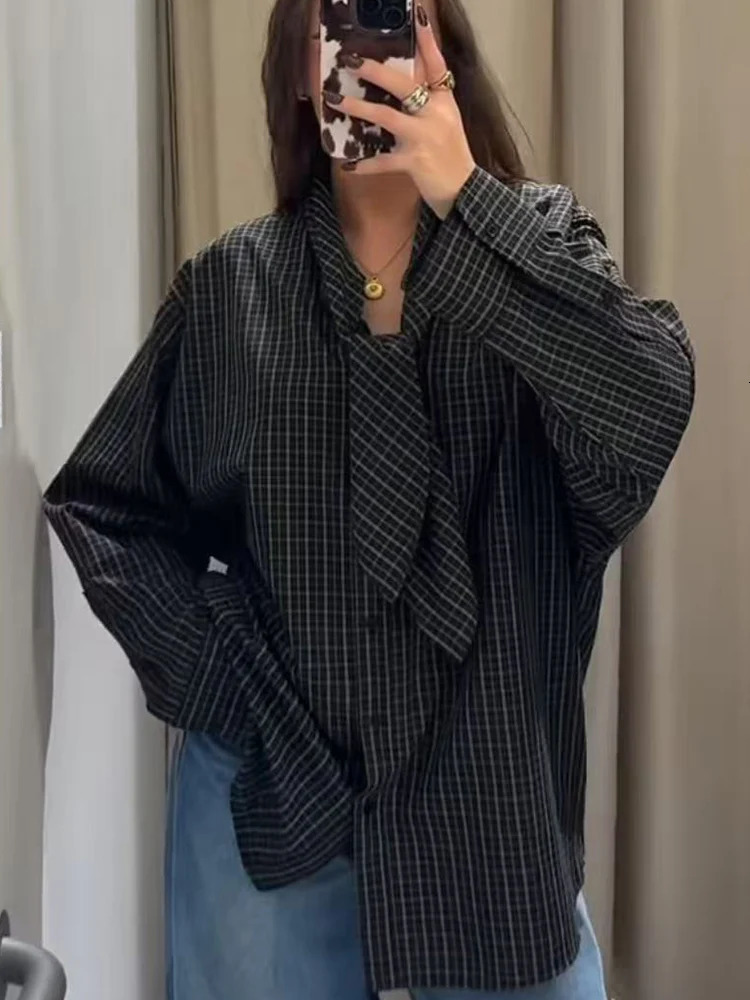 Women Vintage Oversized Shirt Long Sleeve Plaid Button Down Blouse 2026 Spring Autumn Scarf Collar Fashion Shirt Casual Style 260122