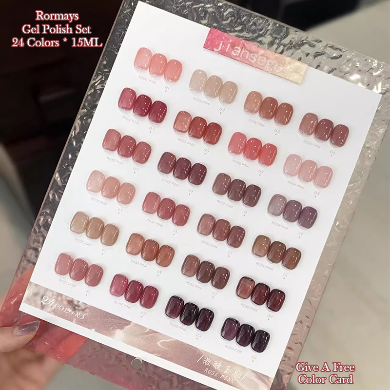 Rormays 24 Colors Jade Gel Nail Polish Set 15ML Semi-Permanent Jelly Bare Pink Shades Whitening UV Cure Soak Off Long Lasting for DIY Manicure & Profe