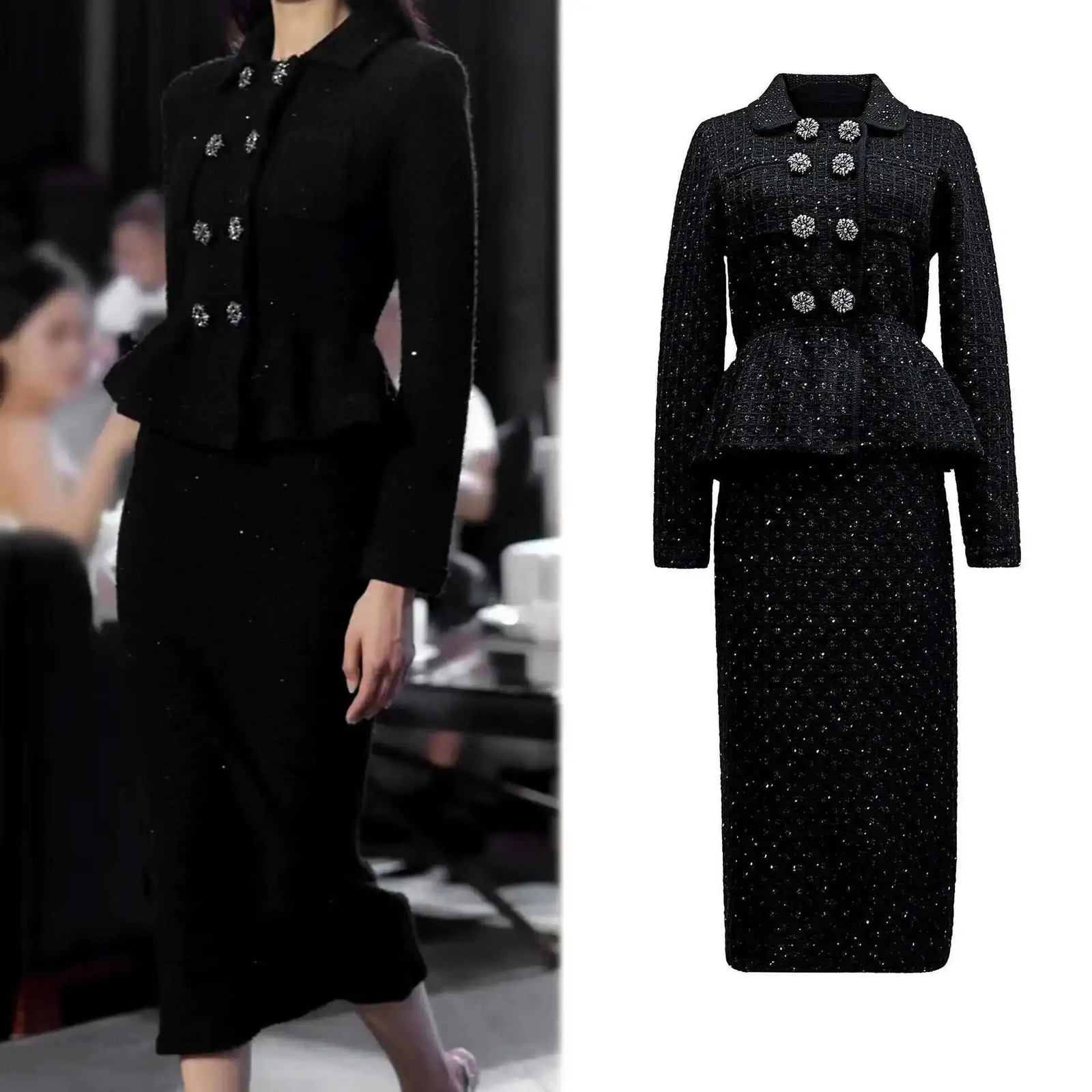 Autumn Double Breasted Diamonds Crystal Beading Knitted Cardigans Jackets Midi Long Pencil Skirts Women Two Piece Sets 260122