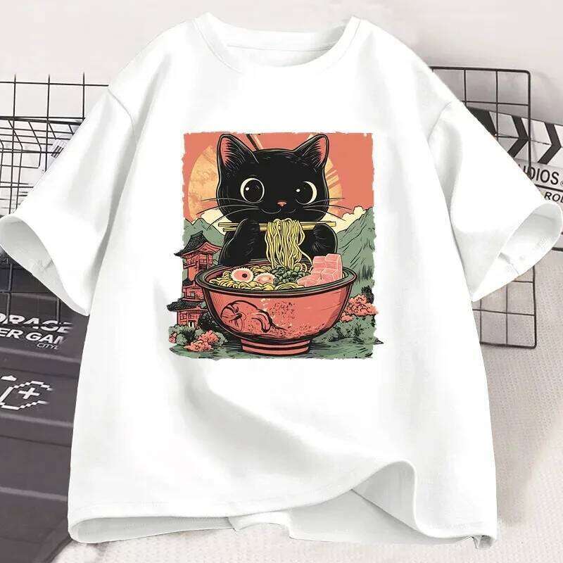 Cute Black Cat Eating Ramen Print Harajuku Short Sleeve Casual Women's T-shirt Clothing Tops Aesthetic Clothes X260209