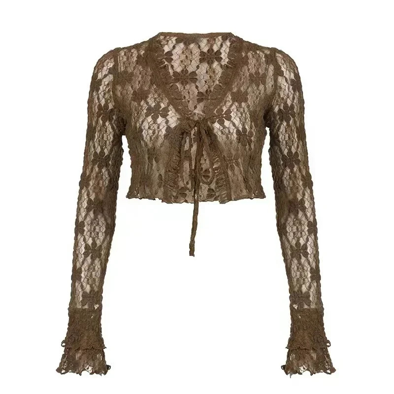Y2k American Girl Three Piece Sexy Skirt Suit Lace Maillard Color High Street Cardigan Suspender Female Versatile 260208