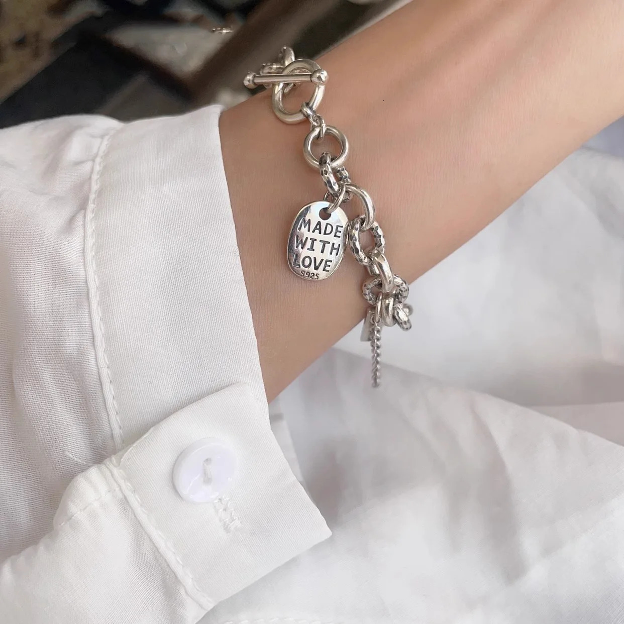 925 Sterling Silver Bracelets for Women Men Letter Accessories Trend Vintage Simple Retro Chain Heart Pendant Party Jewelry Gift 260128