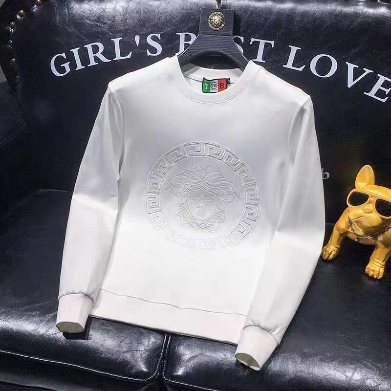 Winter New Round Neck Embroidered Long Sleeve Sweatshirt Men Slim Fit Plus Size Sequin Trendy Brand Simple Top