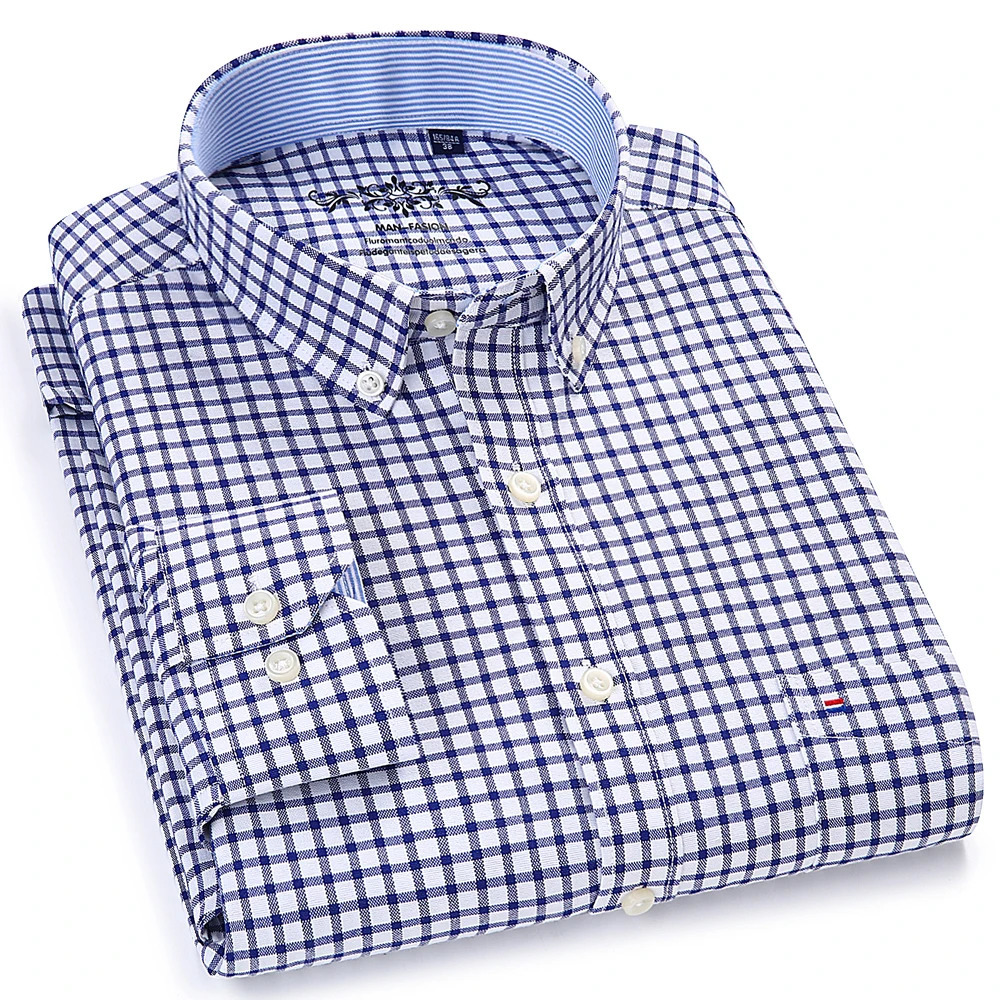 Mens Long Sleeve Oxford Plaid Striped Work Casual Shirt with Pocket Spring Autumn Cotton Blend Regular-fit Button-down Shirts 260208