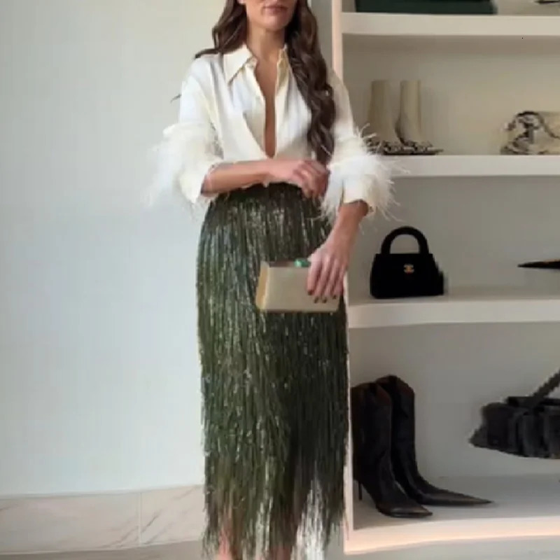 Women Chic Shiny Green Tassel Skirt High Waist Slim Fit Long Straight Tube Dress 2026 Outfits Commuting Club Party Clothing 260122