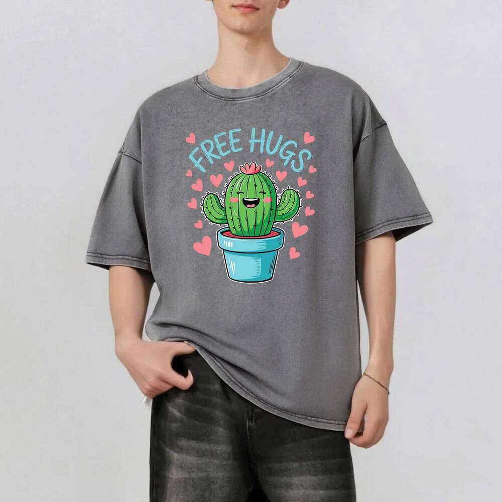Cactus Graphic Printing Summer Retro Style Washed Water T-Shirt Casual Short Sleeved Basic Men's Top 230G X260209