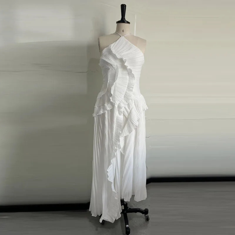 Elegant Neck Strap Ruffles Evening Gown Solid Folds A Line Lace Up Backless Sexy Party Dress 2025 Party Vacation Y2k Robe 260122