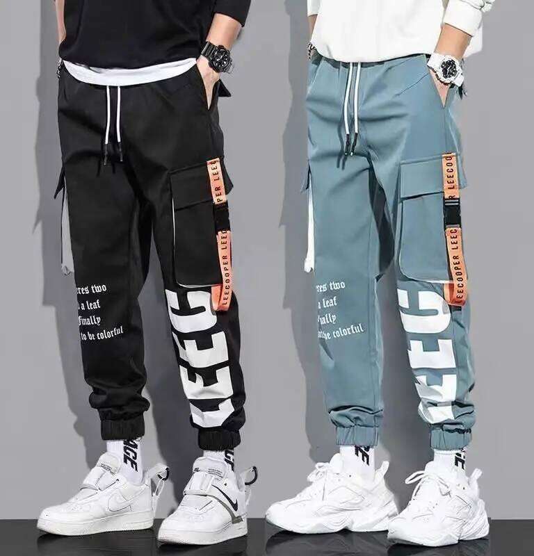 Classic Streetwear Casual Men Ribbons Harem Jogging Male Slim Fit Spring Cargo Pants Multi-Pockets Women Trouser