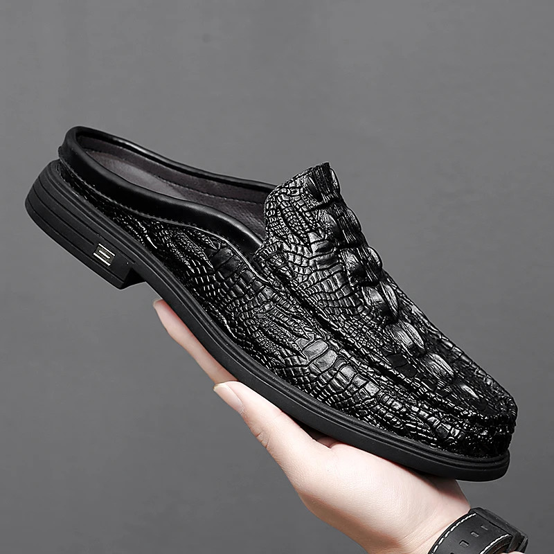 2024 Black Half Shoes for Men Leather Mules Casual Fashion Social Big Size Mocassin Elegantes Walking 260126