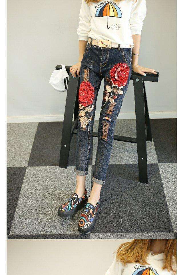 European Collection 2023 Autumn Rose Denim Jeans For Women, High Waist, Slim Fit, Fashionable, Stylish, Slimming, Skinny Pants, Trendy