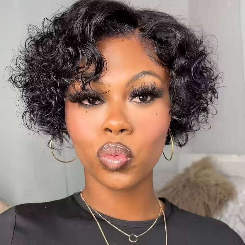 Short Bob Pixie Cut Curly Human For Women Black Color 13X6x1 T Part Lace Closure Deep Wave Lace Wig Preplucked Hair VMS