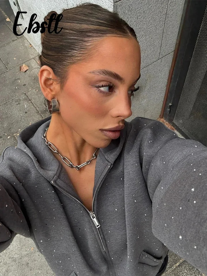 Rhinestone Zipper Hoodies Skirts Set Womens Casual Hooded Pockets Full Sleeve Sweatshirt Puffy Short Skirt 2026 Lady Outfit 260122