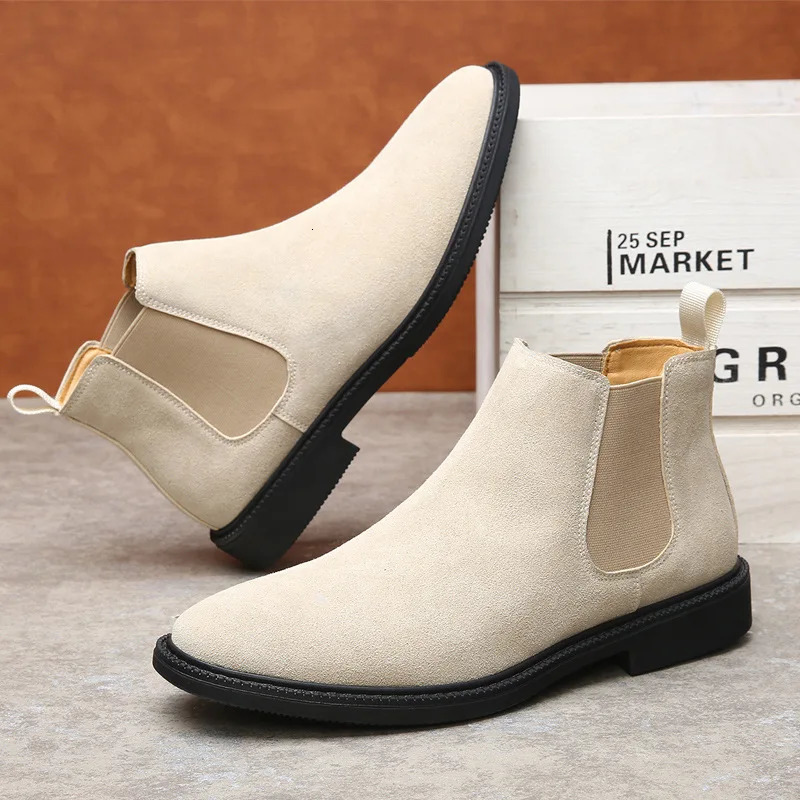 Black Suede Shoes Mens Chelsea Boots Winter Casual Genuine Leather Ankle Pointed Toe Short Men Hightop 260208