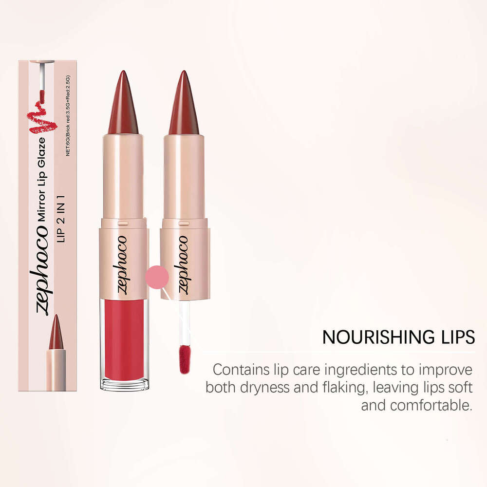 Zephoco Brick Red Two-in-One Mirror Gloss Lip Makeup Bright Color Gorgeous Look Lipstick